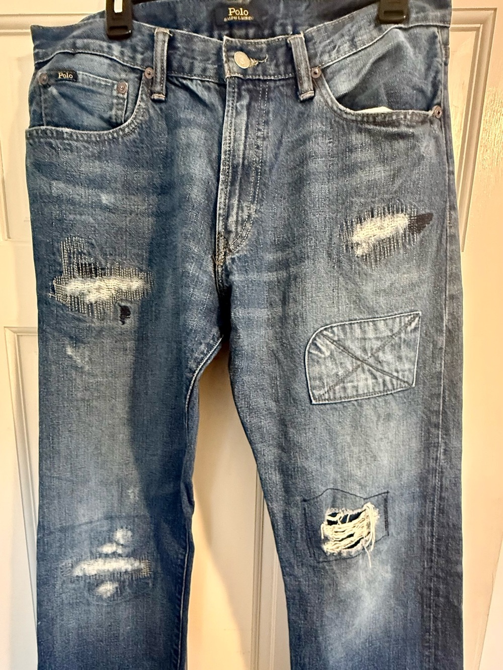 Ralph Lauren Blue Distressed Straight Jeans with Patchwork